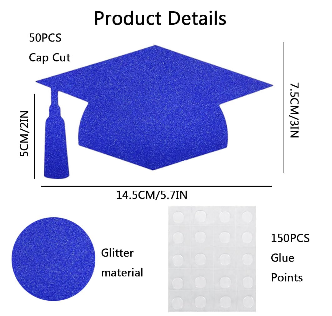 50Pcs Glitter Grad Caps Cutouts with 150Pcs Glue Points, Blue Graduation Cap Cut Table Decorations for 2024 High School College Graduation Party Supplies