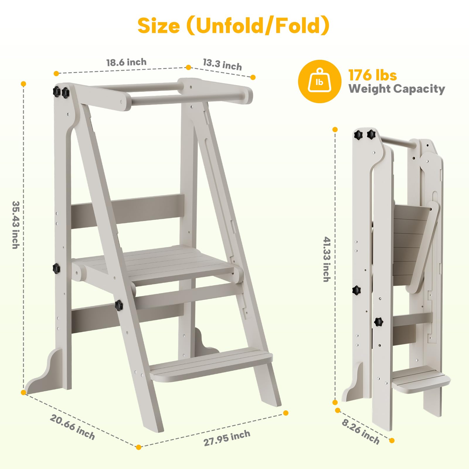 Toddler Tower Foldable, Kitchen Step Stool Helper with Safety Railing & 3 Adjustable Heights, Standing Tower with Double-Sided Drawing Board, Montessori Kitchen Tower for Toddlers/Kids Learning (Grey)