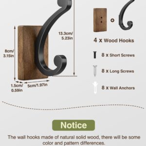 Josmimic Wall Hooks for Hanging Towel - Black Rustic Wood Coat Hook,4 Pack Hooks Wall Mounted for Towel, Coat, Cloth, Purse, Hat, Key, Decorative Bathroom Shower Kitchen