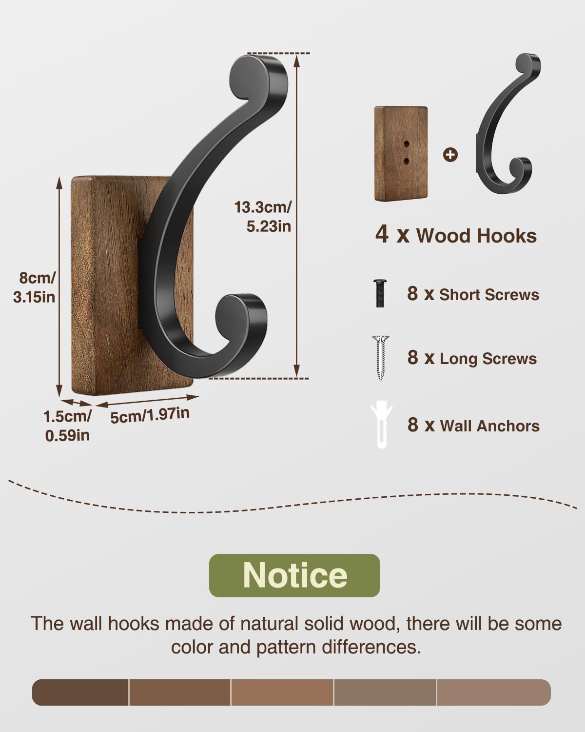 Josmimic Wall Hooks for Hanging Towel - Black Rustic Wood Coat Hook,4 Pack Hooks Wall Mounted for Towel, Coat, Cloth, Purse, Hat, Key, Decorative Bathroom Shower Kitchen