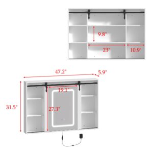 Homsee Farmhouse Mirror Medicine Cabinet with Sliding Barn Door, LED Light & Defogger, Bathroom Wall Vanity with Door, Shelves, Adjustable Light Color & Brightness, White (5.9" D x 47.2" W x 31.5" H)