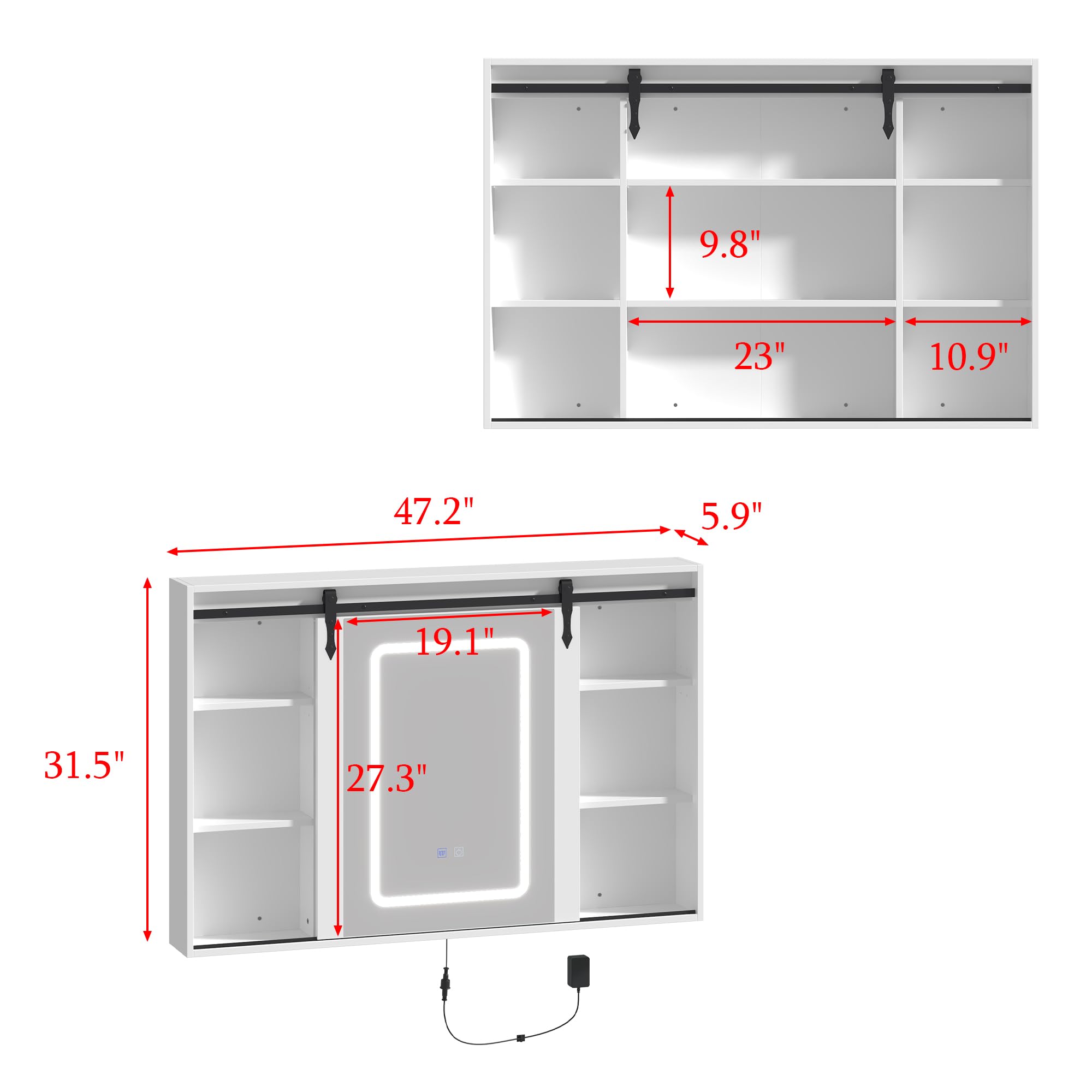 Homsee Farmhouse Mirror Medicine Cabinet with Sliding Barn Door, LED Light & Defogger, Bathroom Wall Vanity with Door, Shelves, Adjustable Light Color & Brightness, White (5.9" D x 47.2" W x 31.5" H)