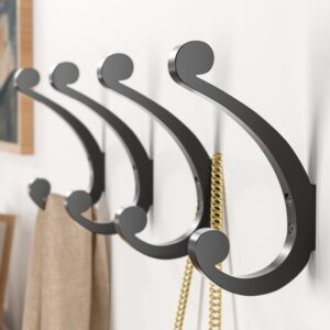 Josmimic Coat Hooks Wall Mount for Hanging - Black Large Retro Double Hooks with Screws, Heavy Duty Coat Hanger, Holder 40Lb, Coat Rack for Towels, Keys, Hats, Mug, Bags, Clothes, Purse, 4 Pack