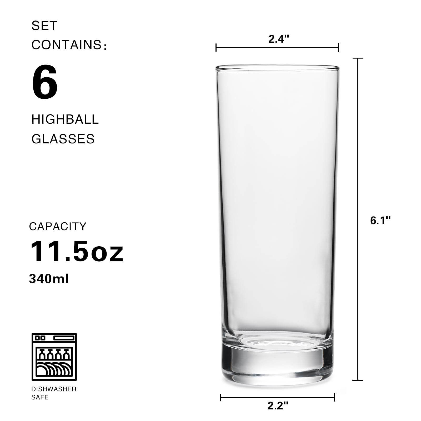 OUWO Highball Glasses Set of 6, 11.5oz Tall Drinking Glasses, Water Glass for Kitchen, Mojito Glass Cups, Cocktail Glasses for Bar Glassware