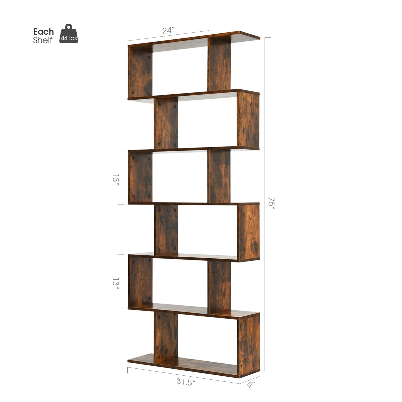 Generic VcJta 6-Tier S-Shaped Bookshelf Storage Display in Coffee Finish for Organizing Aesthetic Home Decor, E294821383551