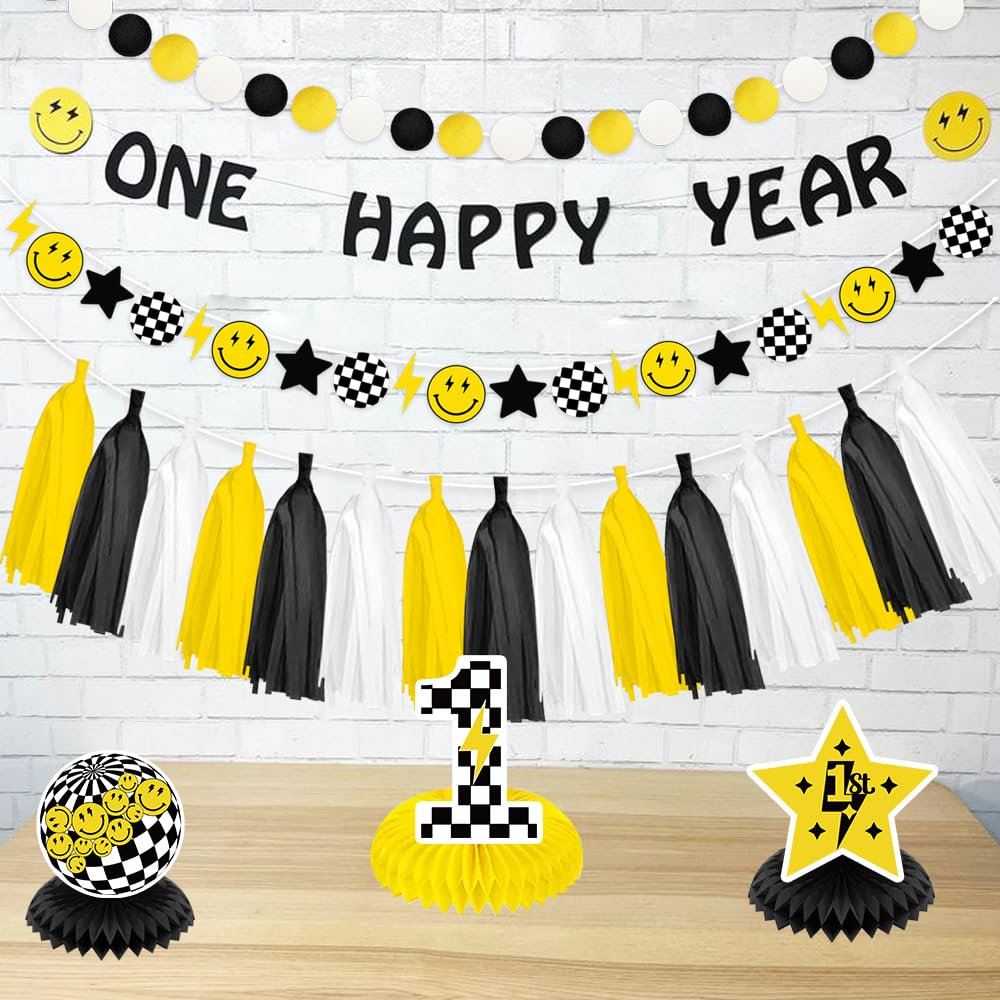 One Happy Dude Banner Garland Pre-Strung - Pack of 3, Lightning Smiley Face Banner, Yellow Black Paper Tassels & Felt Ball Bunting, Great for Baby Shower 1st Birthday Party Decoration Supplies