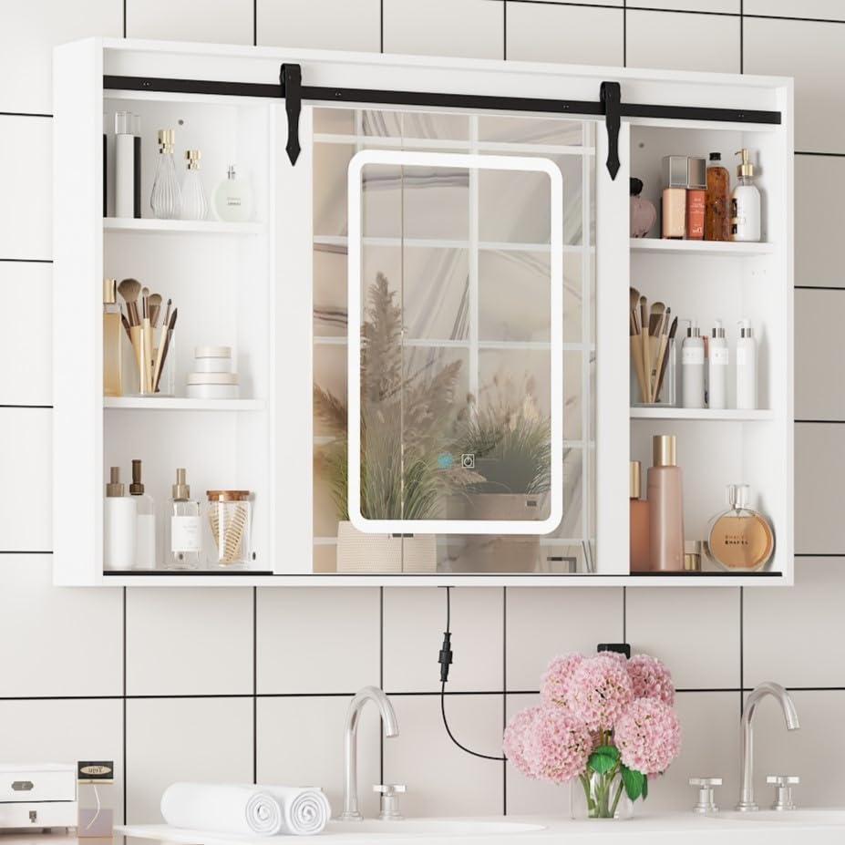 Homsee Farmhouse Mirror Medicine Cabinet with Sliding Barn Door, LED Light & Defogger, Bathroom Wall Vanity with Door, Shelves, Adjustable Light Color & Brightness, White (5.9" D x 47.2" W x 31.5" H)