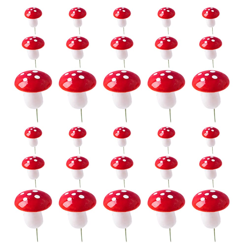 jarbins 30 Pack Mushroom Cake Decorations Red Mini Mushroom Toothpicks Foam Cupcake Toppers Mushroom Cake Picks for Birthday Baby Shower Party Micro Landscape Decor