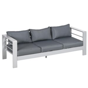 outsunny 69" modern patio furniture with thick padded cushions, 3 seater aluminum outdoor sofa with wide armrests, garden seating conversation furniture with back cushions, gray