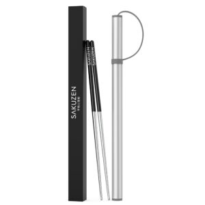 sakuzen premium titanium plated stainless steel metal chopsticks with carrying case, japanese and korean style, dishwasher and heat safe, one pair with traveling case