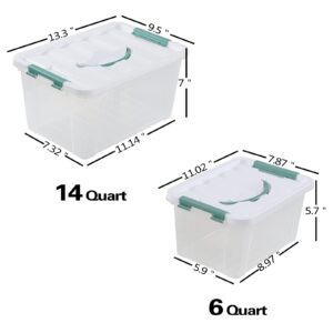 Wekioger 14 Quart & 6 Quart Plastic Latching Storage Boxes with Handle, 2-Pack Clear Lidded Storage Box Bin