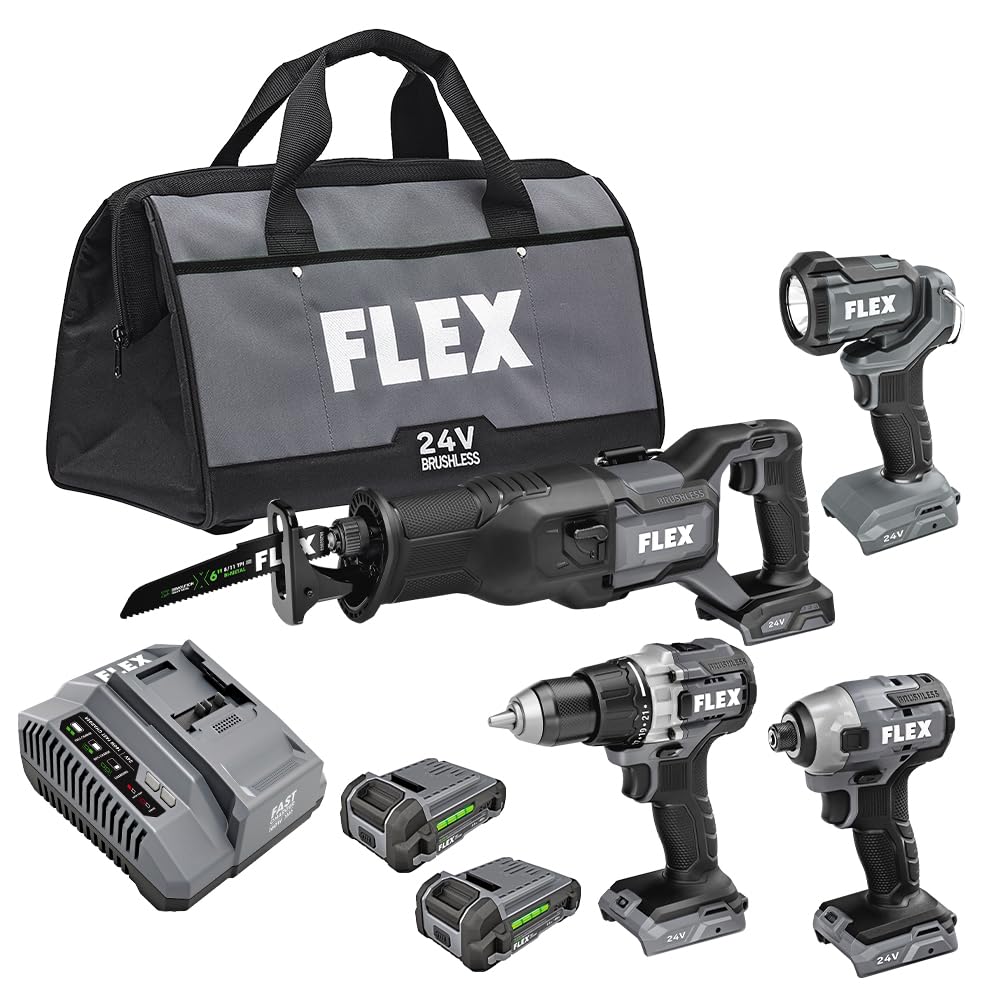 FLEX 24V Brushless Cordless 4-Tool Combo Kit: Drill Driver, Impact Driver, Reciprocating Saw, Work Light with (2) 2.5 Ah Lithium Batteries and 160W Fast Charger - FXM401-2A