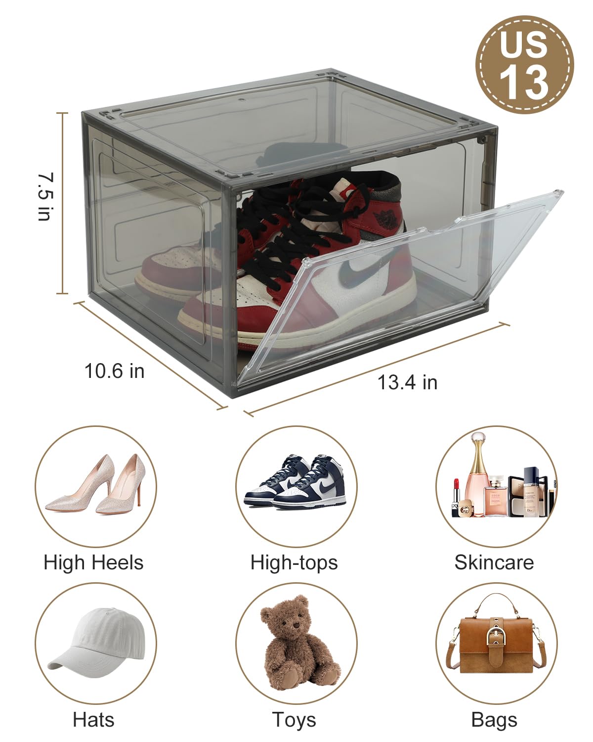 EOENVIVS Shoe Storage Boxes Large Shoe Boxes Fit Size 13, 6 Pack Clear Plastic Shoe Organizer with Stackable Design and Magnetic Door, Space Saving Shoe Containers for Boots and Sneakers, Grey