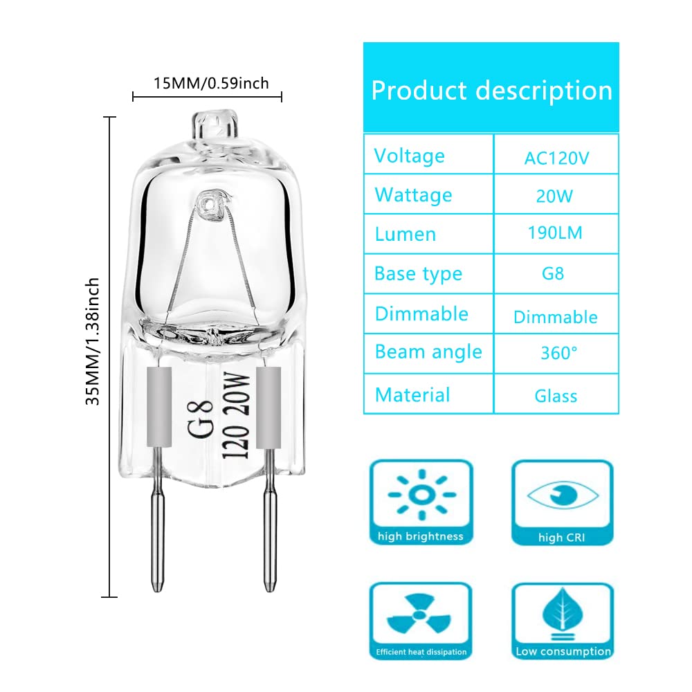 AHEVO G8 Light Bulbs 20Watt 120Volt Halogen Light Bulb G8 Base Bi-Pin Shorter 20W T4 JCD Warm White Microwave Light Bulbs Replacements(6 Pack)