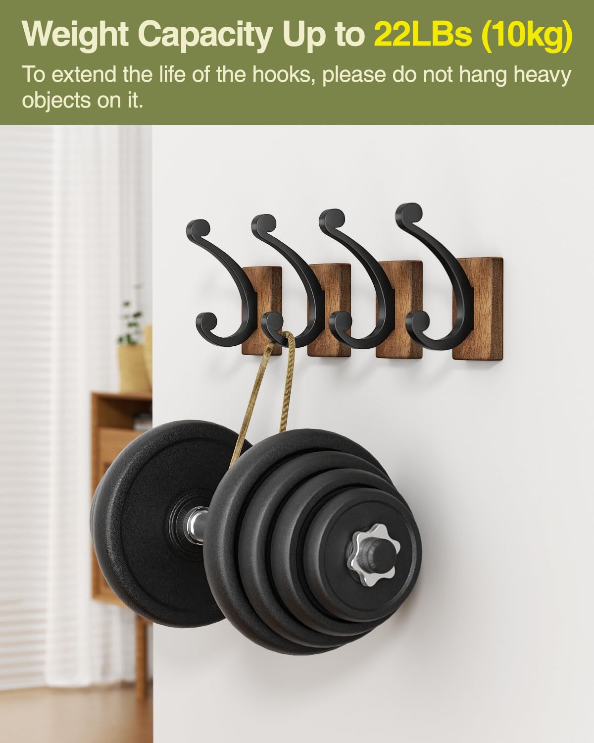 Josmimic Wall Hooks for Hanging Towel - Black Rustic Wood Coat Hook,4 Pack Hooks Wall Mounted for Towel, Coat, Cloth, Purse, Hat, Key, Decorative Bathroom Shower Kitchen