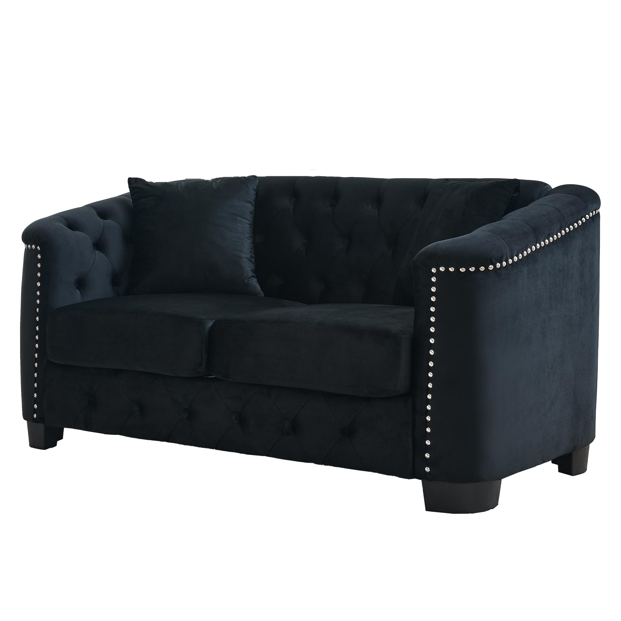 mikibama Modern Chesterfield Velvet Loveseat Sofa, 59 Inch Sectional Sofa, Luxury 2 Seater Upholstered Tufted Couch with Nailhead Arms and 2 Pillows for Living Room, Bedroom, Apartment(Black)