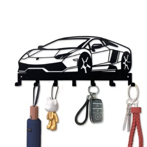 showmthem metal key holder for wall, metal key organizer wall decorative with 7 hooks, black wall mount key holder for entryway front door hallway office (car)