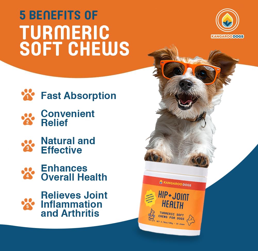 Kangaroo Dogs Hip + Joint Health Turmeric Soft Chews - Dog Supplement Made with Organic Turmeric - Supports Mobility, Immune System, Heart Health, May Reduce Joint Pain & Inflammation - 35 Treats