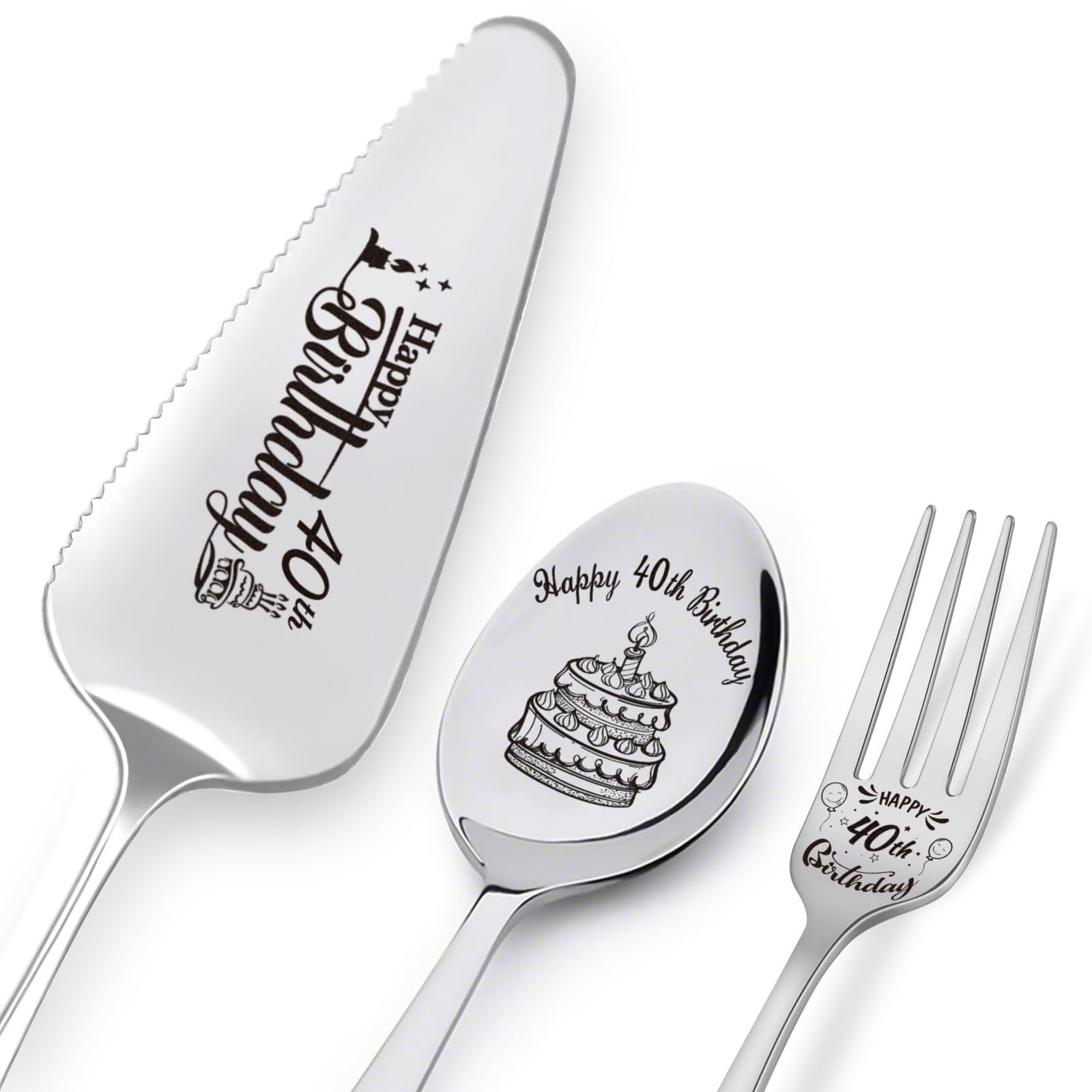 Happy 40th Birthday Personalized Laser-Engraved Stainless Steel Birthday Party Utensil Set - Cake Server, Spoon, and Fork for Mother Father Husband Wife Boyfriend Girlfriend