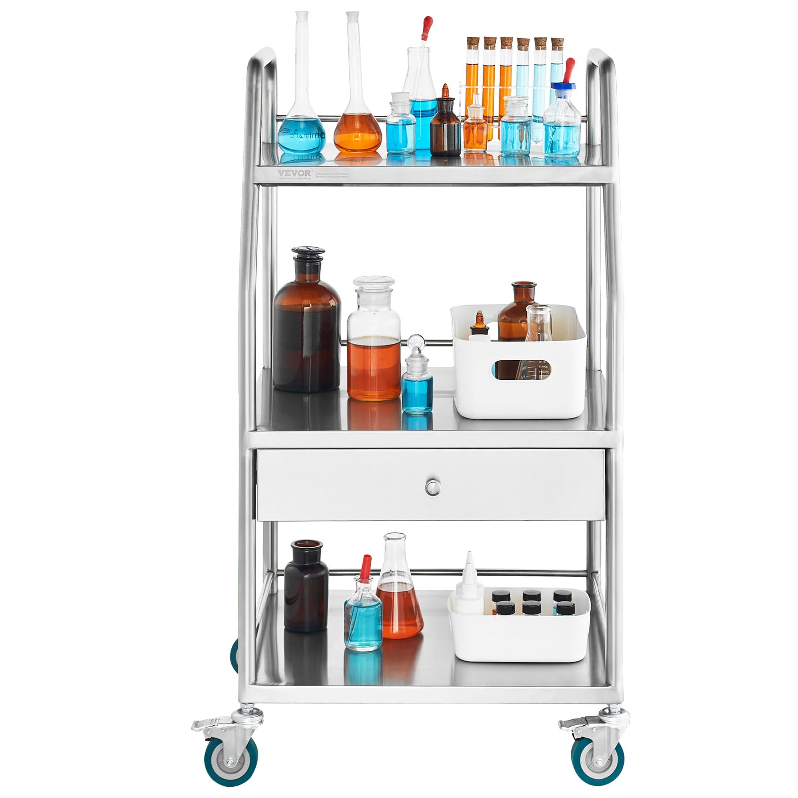 VEVOR Lab Serving Cart, 3 Layers Stainless Steel Utility Rolling Cart, Medical Cart with A Drawer, Dental Utility Cart with Lockable Wheels, for Laboratory, Hospital, Dental Use