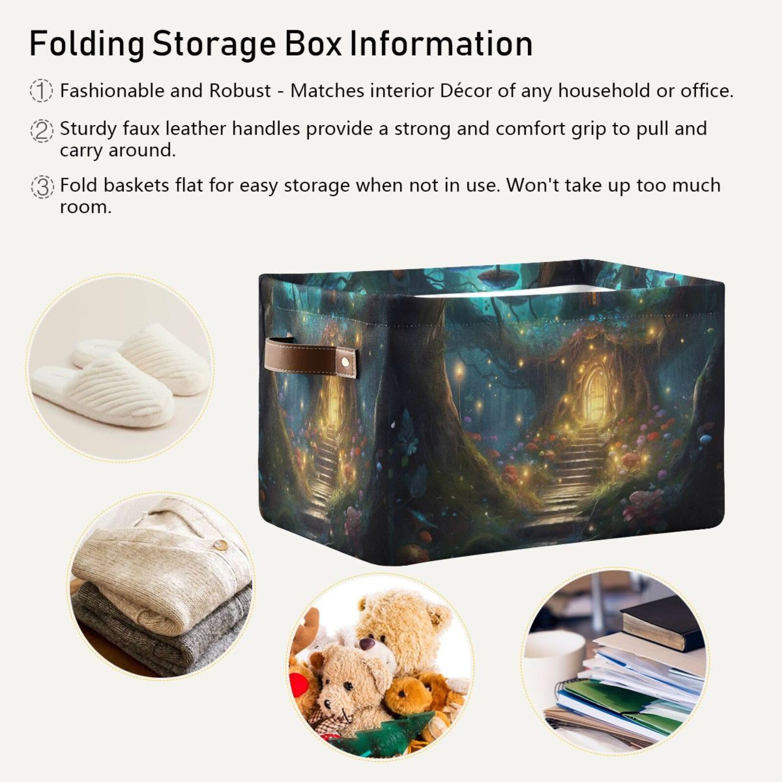 GOODOLD Fairy Fantasy Forest Shelf Storage Baskets, Foldable Fabric Storage Bins with Leather Handles for Closet, Home, Bedroom, Nursery, Office Organizers (2 Pack)