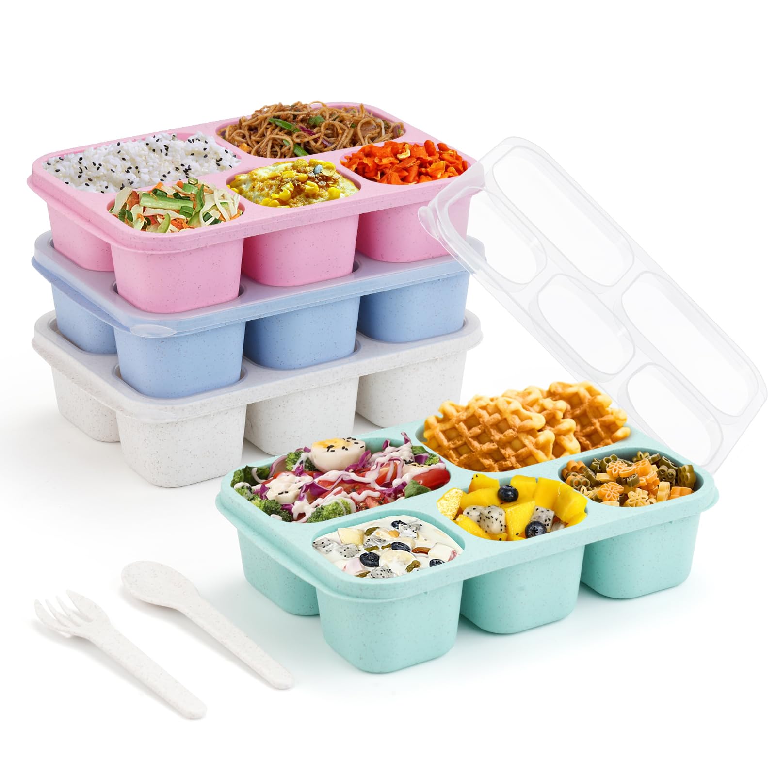 EWVVSS 4 Pack Bento Snack Box 5-Compartment Snack Containers Reusable Wheat Straw Divided Lunch Container for Adults & Kids for School, Work, Travel, Family Picnics