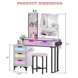 MDGC RGB Make Up Vanity with Wireless Charging Station,7 Dynamic&7 Static Dimmable Vanity Desk with Swivel Mirror and Lights,Makeup Vanity Table with Stool,5 Drawers,Glass Top,Open Shelf