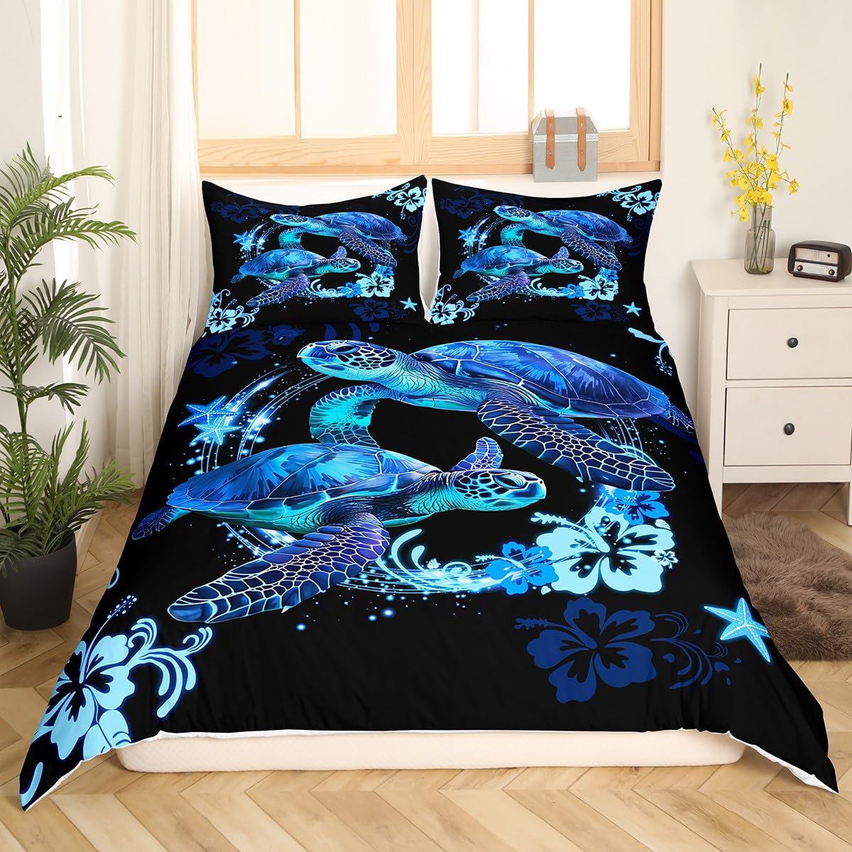 Manfei Sea Turtle Kids Duvet Cover Set Queen Size, Blue Flower Starfish Bedding Set for Boys Girls Adult Bedroom Decor, Marine Animal Theme Comforter Cover, Soft Polyester Quilt Cover, 2 Pillowcases