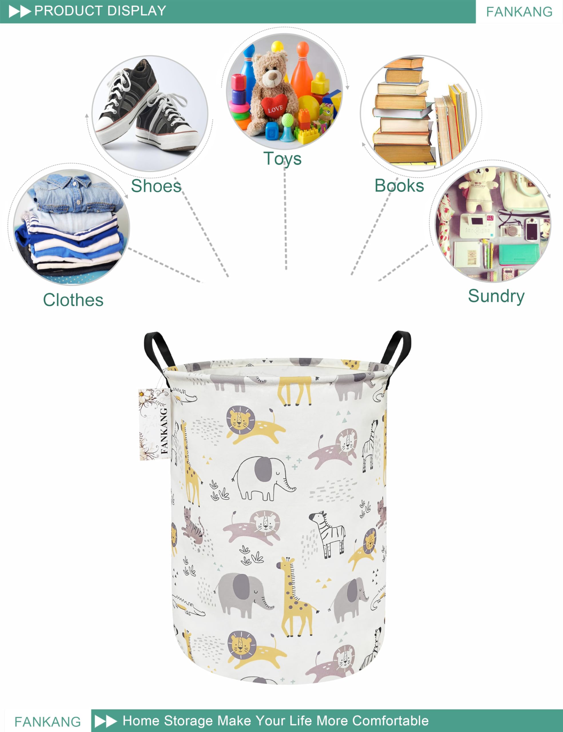 FANKANG Storage Basket, Nursery Hamper Canvas Laundry Basket Foldable with Waterproof PE Coating Large Storage Baskets for Kids Boys and Girls, Office, Bedroom, Clothes,Toys(Lovely Animals)