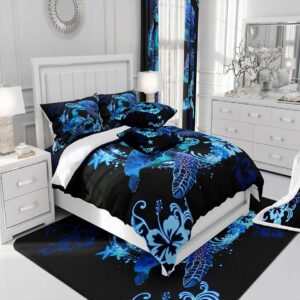 Manfei Sea Turtle Kids Duvet Cover Set Queen Size, Blue Flower Starfish Bedding Set for Boys Girls Adult Bedroom Decor, Marine Animal Theme Comforter Cover, Soft Polyester Quilt Cover, 2 Pillowcases