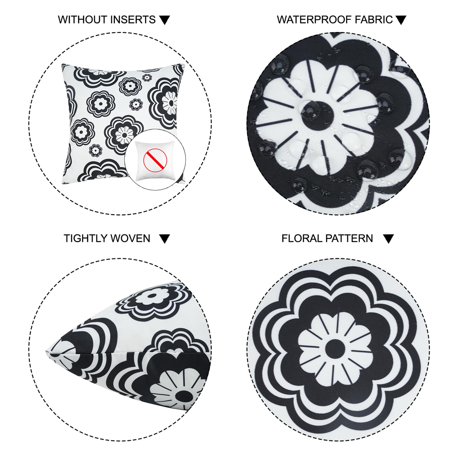 JASEN Black and White Floral Outdoor Pillow Cover, Outdoor Pillow Covers 18x18 Waterproof Set of 2, Decorative Throw Pillow Cover for Outside Patio Furniture Garden (No Inserts)