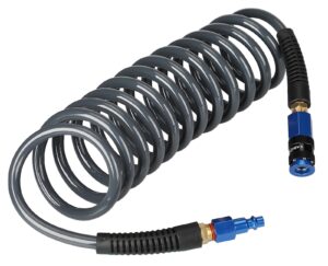 eaduty heavy duty polyurethane recoil air hose 1/4 in x 10 ft, lightweight, flexible compressor hose with universal quick coupler, plug and bend restrictors, gray