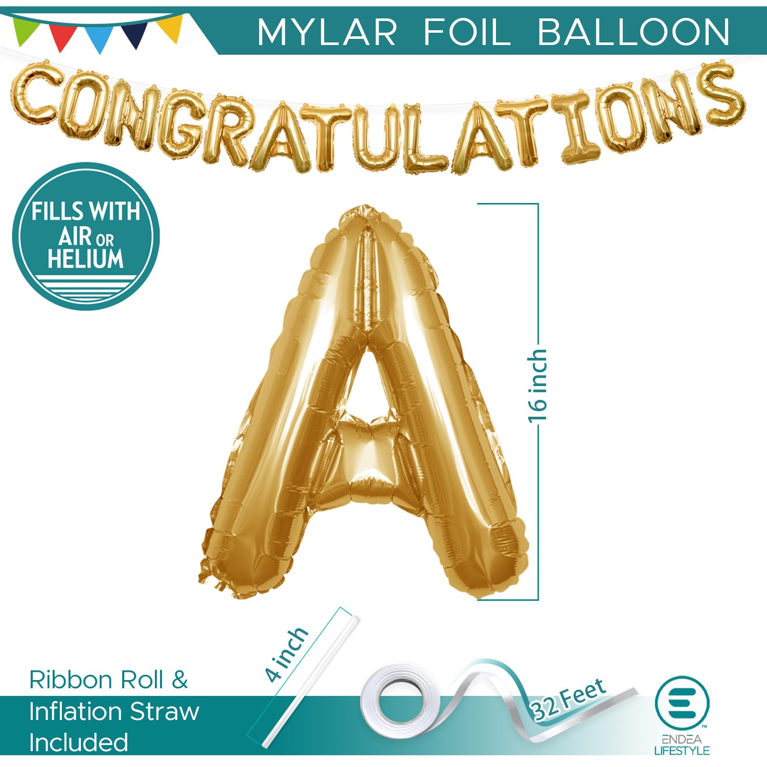 Endea Group Congratulations Banner Balloons 13 Inch Letters - Inflatable Foil Mylar - Celebrate for Graduations, Anniversaries, Weddings, Retirements 15pcs in Set (Gold)