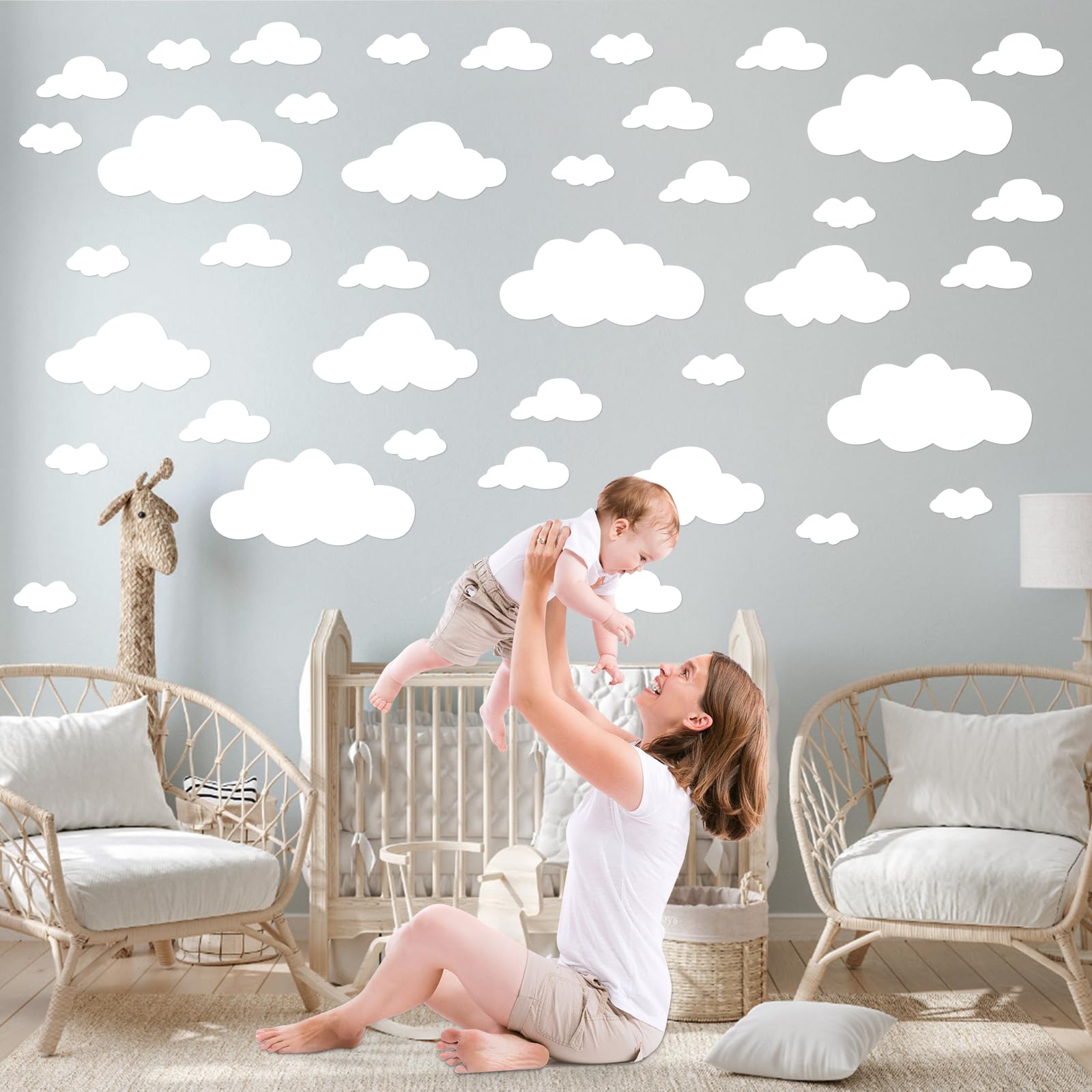 51pcs Big Clouds Wall Decals Removable Decals DIY Large Vinyl Wall Sticker Self Adhesive Wallpaper for Girls Bedroom Nursery Baby Boy Kids Room Wall Art Decorations, Peel and Stick