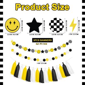 One Happy Dude Banner Garland Pre-Strung - Pack of 3, Lightning Smiley Face Banner, Yellow Black Paper Tassels & Felt Ball Bunting, Great for Baby Shower 1st Birthday Party Decoration Supplies