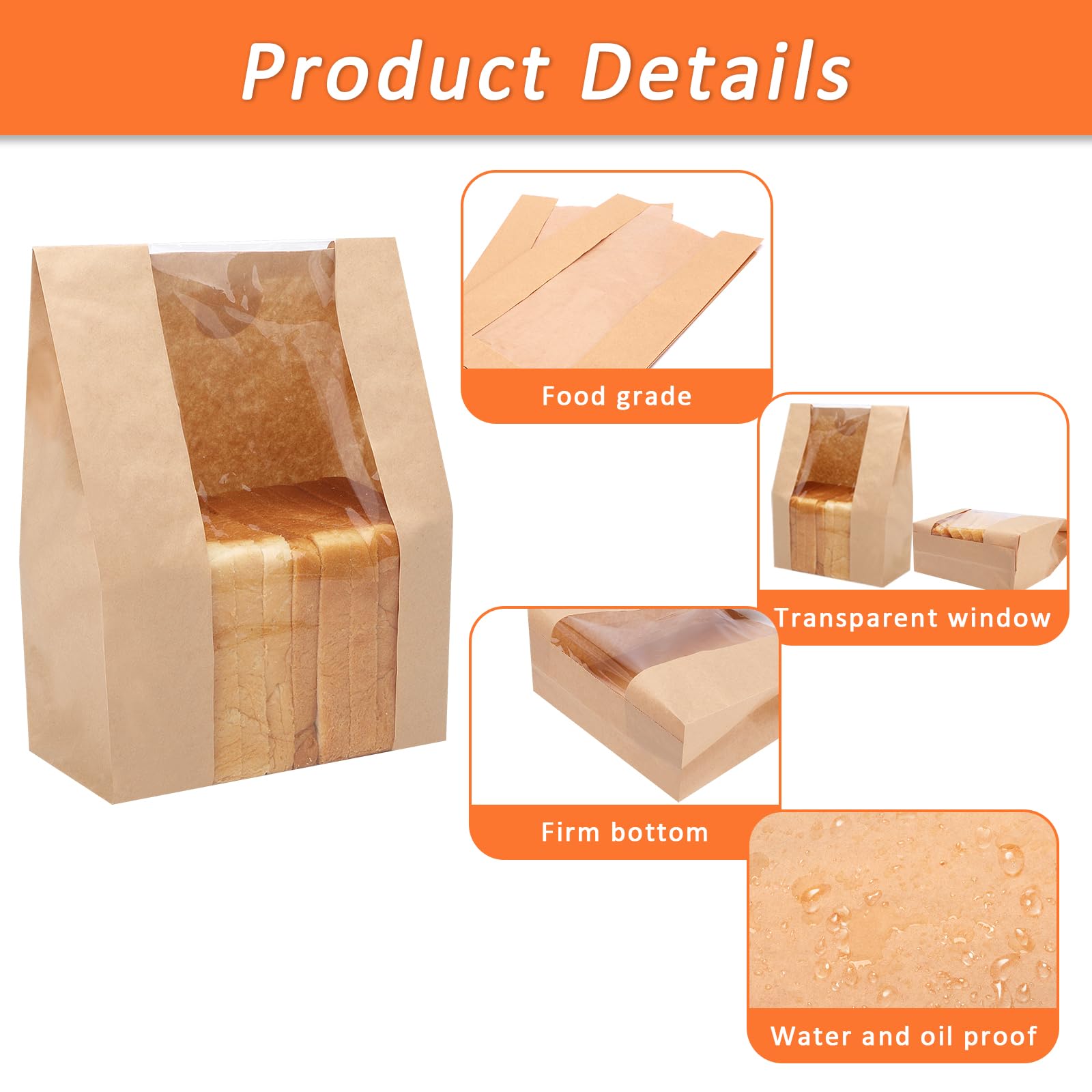 Bread Bags for Homemade Bread Sourdough Bread Bags - 60 Pack - Large Kraft Paper Bakery Bag with Clear Window with Label Seal Stickers for Packaging Baked Food Bread Storage (13.7''x8.2''x3.5'')