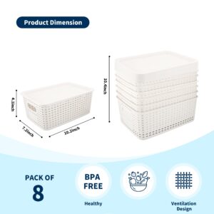 WEJOZEE Plastic Storage Baskets with Lid - Plastic Storage Containers Stackable Storage bins| Storage Baskets for Organizing Shelves Drawers Desktop Closet Playroom Classroom Office (‎Cream White)