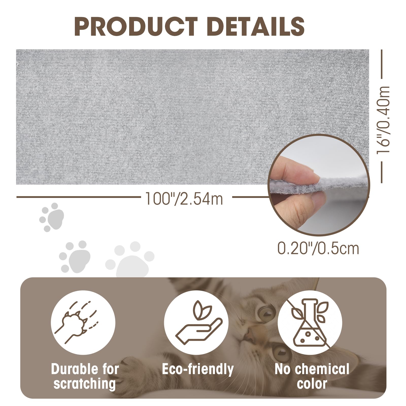 Cat Scratching Mat, 100"x16" Self-Adhesive Carpet Mat Trimmable Replacement for Cat Tree, Cat Wall Shelves, Cat Scratching Post, TanoFalo DIY Couch Furniture Protector (Light Gray)