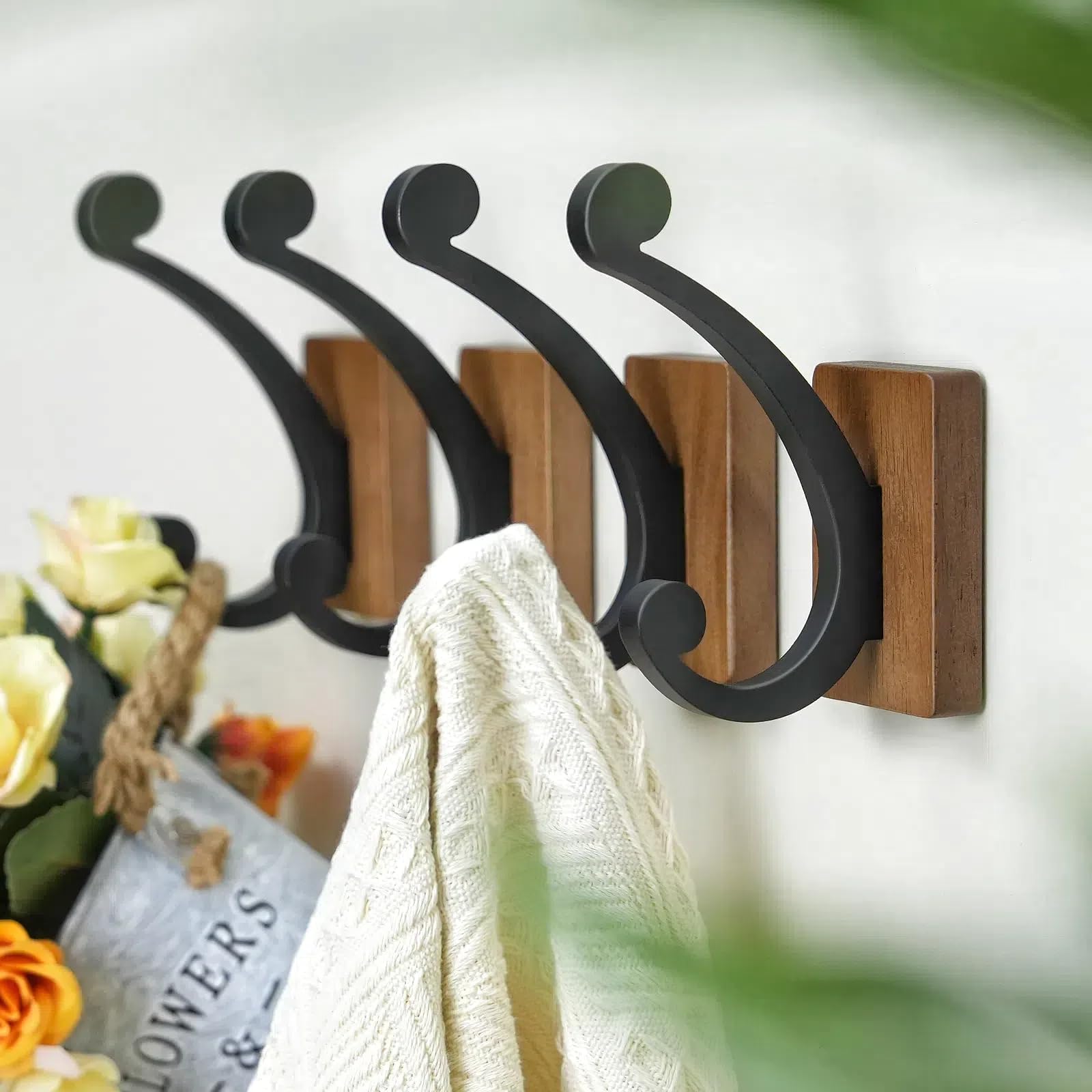 Josmimic Wall Hooks for Hanging Towel - Black Rustic Wood Coat Hook,4 Pack Hooks Wall Mounted for Towel, Coat, Cloth, Purse, Hat, Key, Decorative Bathroom Shower Kitchen