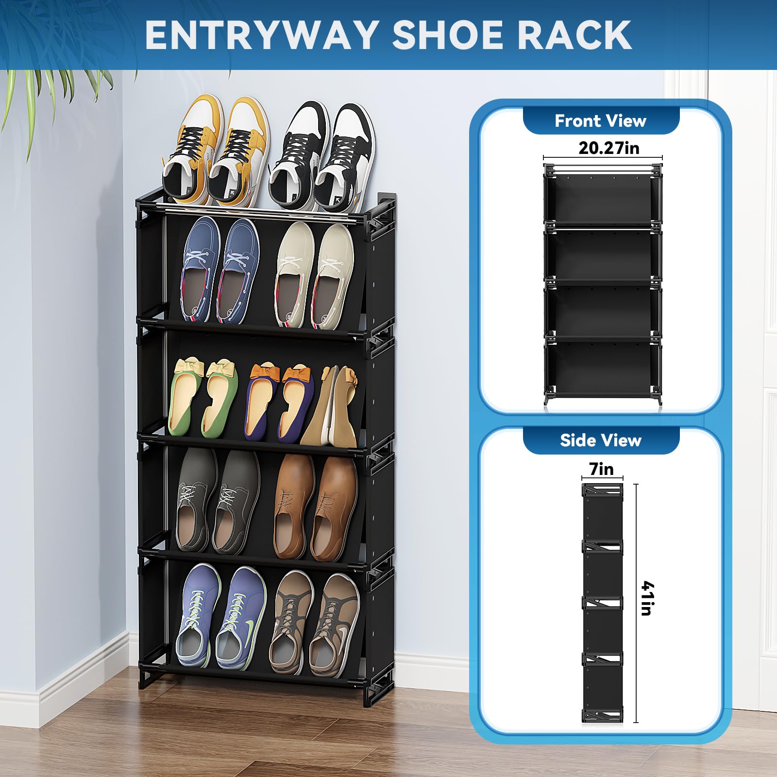 DEYILIAN Space Saving 5 Tier Shoe Rack,Sturdy Stainless Steel with Non Woven Fabric Plastic Connectors Holds up to 10 Pairs Men's Shoes for Entryway Narrow Spaces Behind Doors and Closet