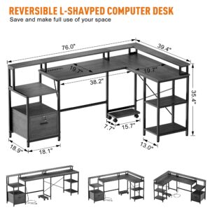 IDEALHOUSE L Shaped Desk - 76" Reversible L Shaped Computer Desk with File Drawer, Office Desk with Power Outlet, L Shaped Gaming Desk with Monitor Shelf, Corner Desk for Home Office, Grey Oak