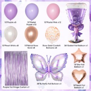 Purple Pink Birthday Party Decorations for Women Girls, Butterfly Confetti Rose Gold Lavender Balloons Happy Birthday Banner Fringe Curtains Hanging Swirls Circle Dots Tassels Pom 30th 40th 50th Her