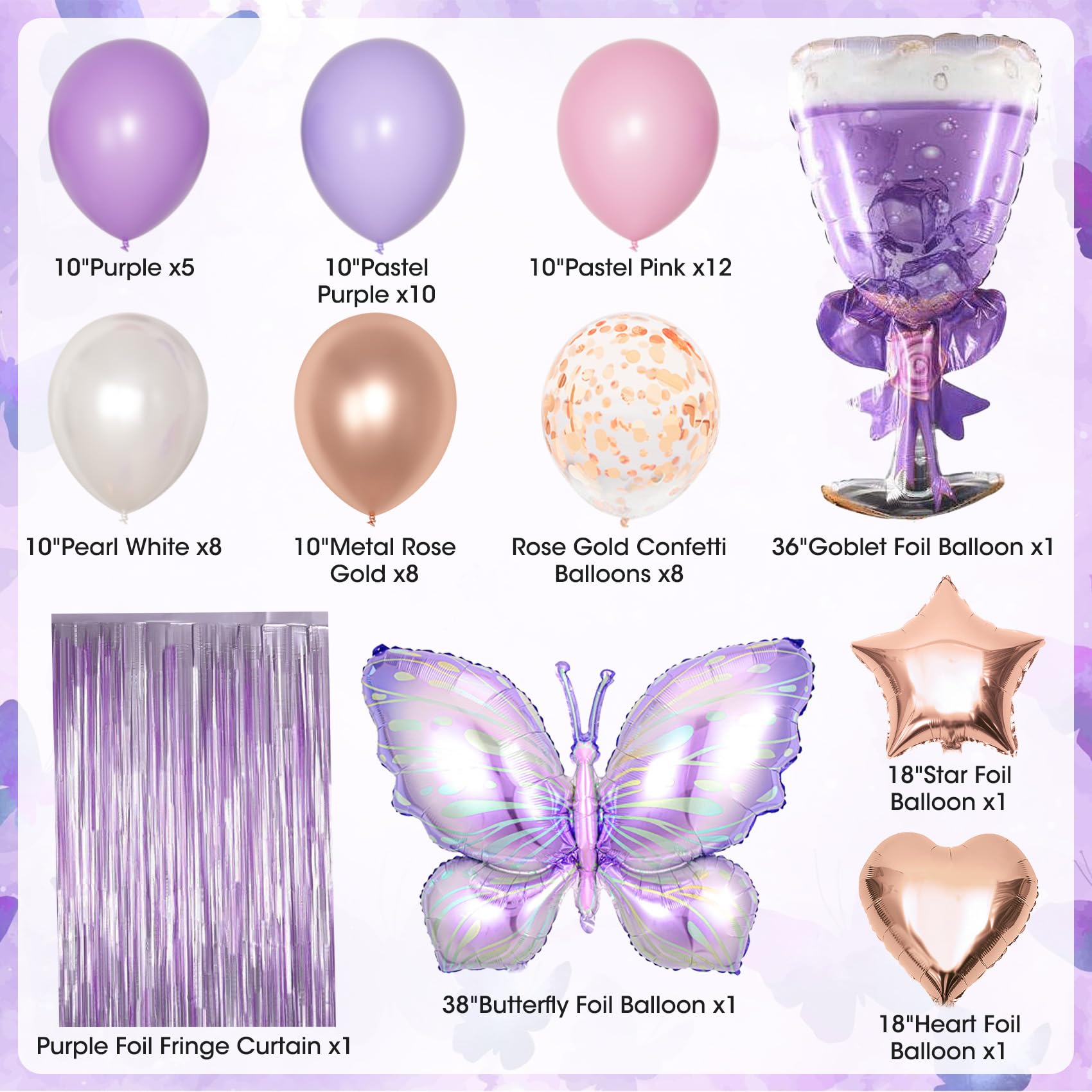 Purple Pink Birthday Party Decorations for Women Girls, Butterfly Confetti Rose Gold Lavender Balloons Happy Birthday Banner Fringe Curtains Hanging Swirls Circle Dots Tassels Pom 30th 40th 50th Her