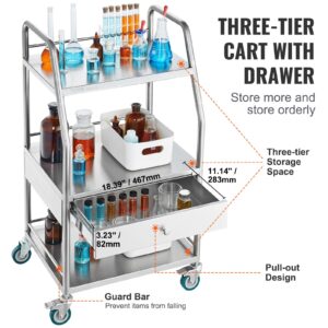 VEVOR Lab Serving Cart, 3 Layers Stainless Steel Utility Rolling Cart, Medical Cart with A Drawer, Dental Utility Cart with Lockable Wheels, for Laboratory, Hospital, Dental Use