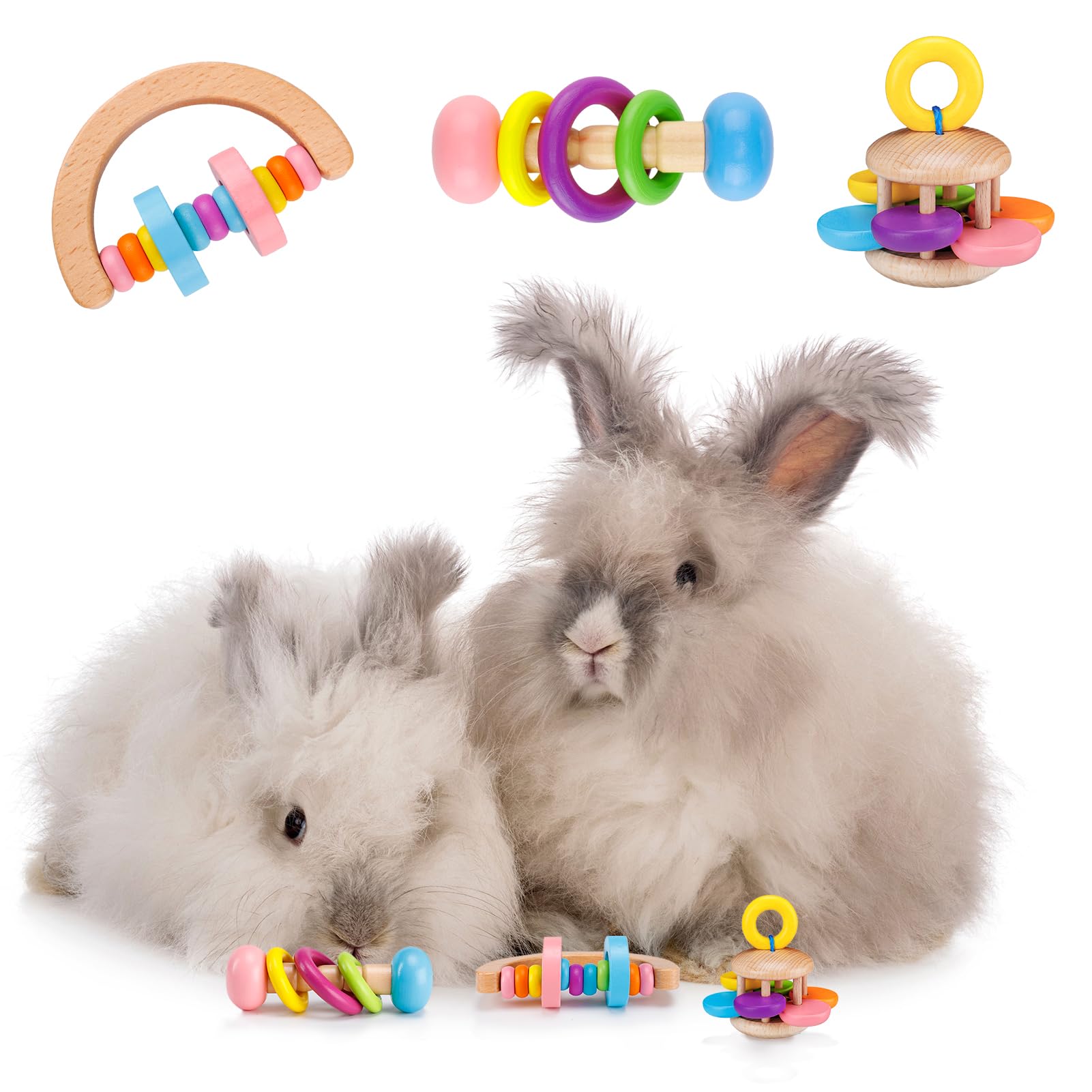 MEWTOGO 3 Pcs Wooden Bunny Toys - Safe Rabbit Toys, Bite-Resistant Guinea Pigs Toys for Chinchillas Hamsters Small Animals Playing Teeth Grinding Indoor Outdoor Bunny Gifts