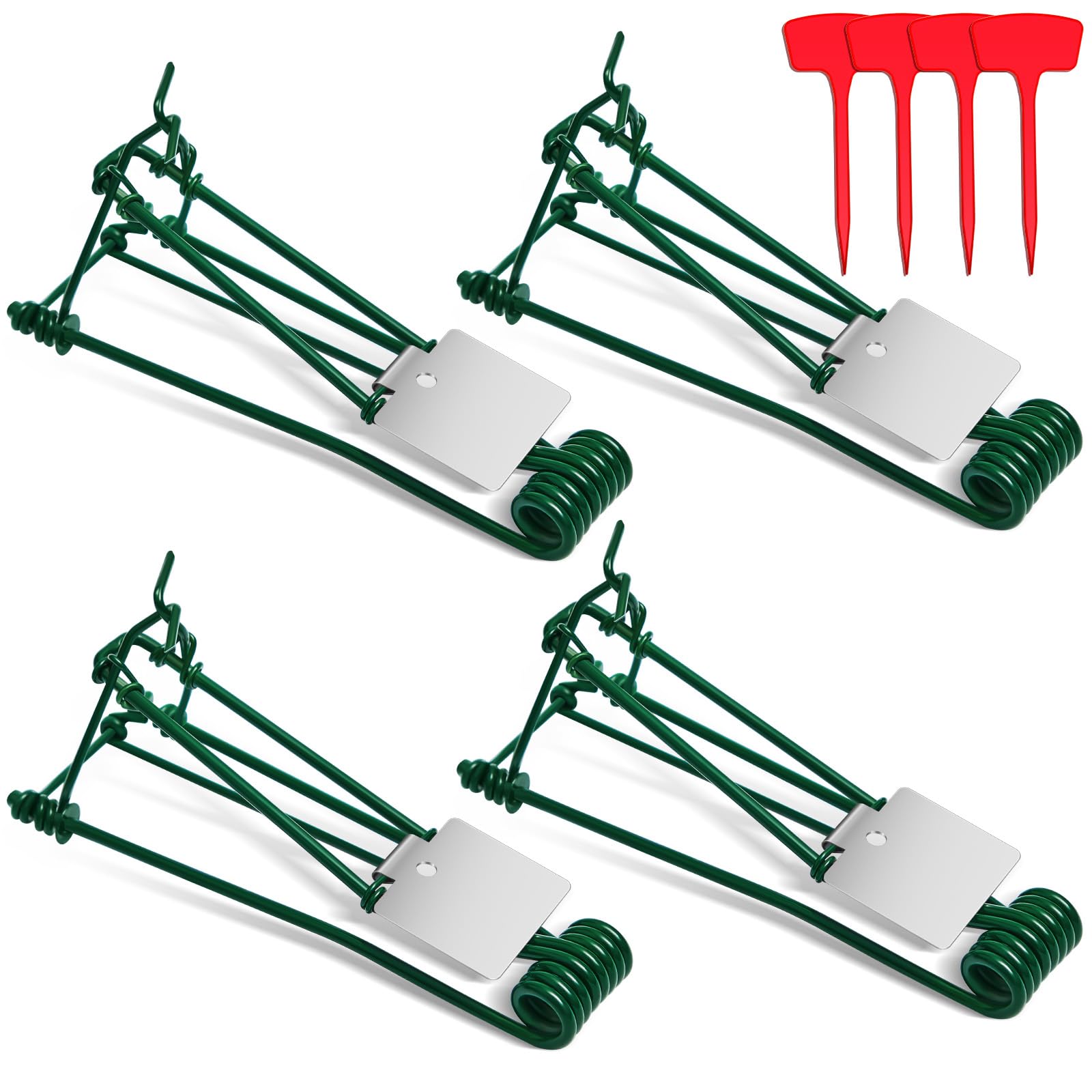 Qualirey 4 Pcs Outdoor Gopher Trap Easy to Set Mole Trap Weather Resistant Gopher Killer Vole Trap with Red T Type Labels for Lawn Garden Farm (Green)