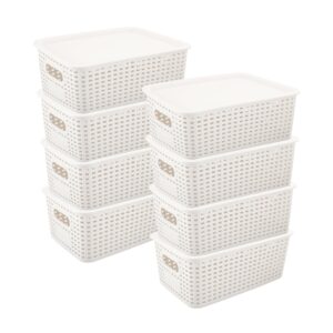 wejozee plastic storage baskets with lid - plastic storage containers stackable storage bins| storage baskets for organizing shelves drawers desktop closet playroom classroom office (‎cream white)