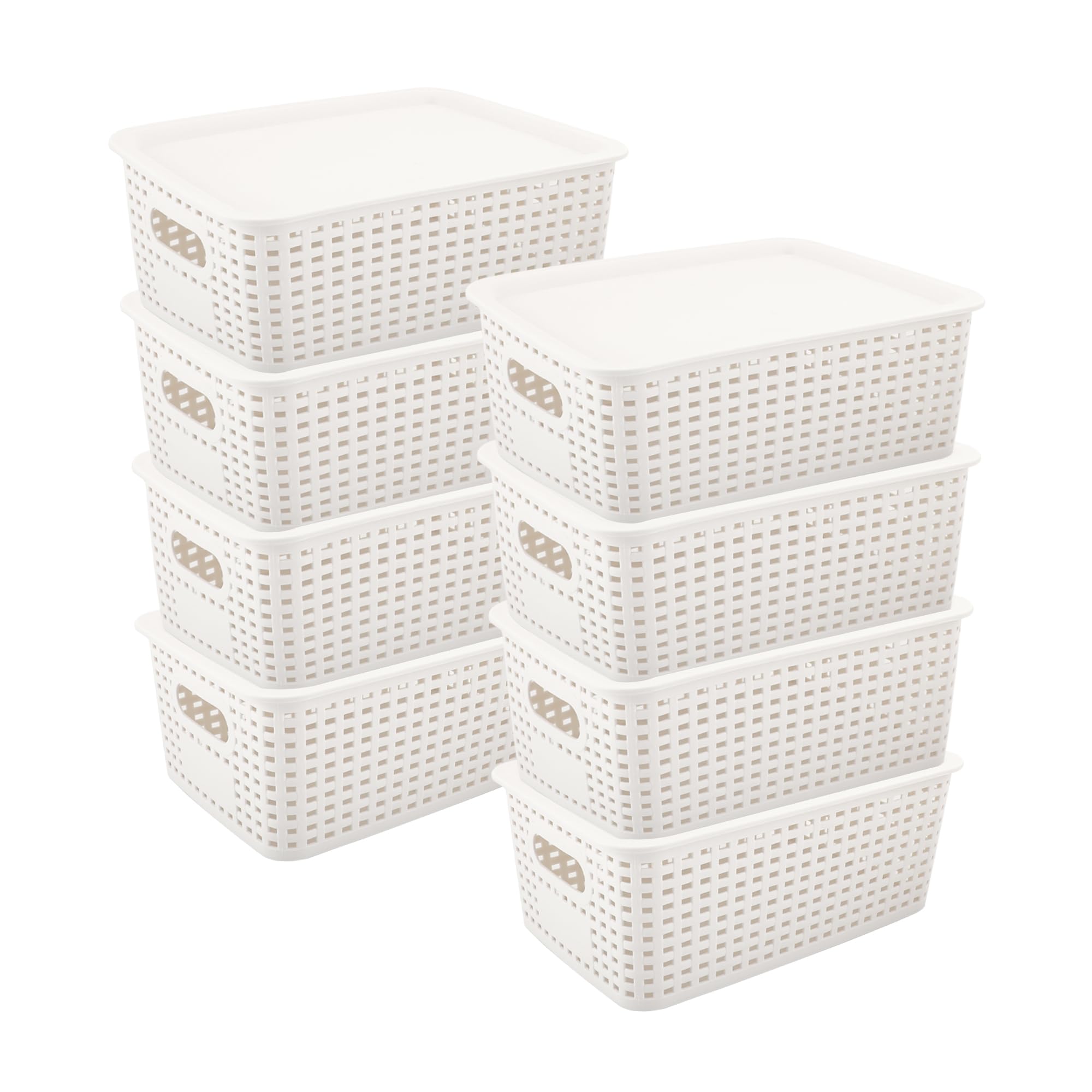 WEJOZEE Plastic Storage Baskets with Lid - Plastic Storage Containers Stackable Storage bins| Storage Baskets for Organizing Shelves Drawers Desktop Closet Playroom Classroom Office (‎Cream White)