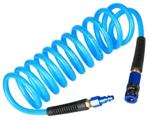 eaduty heavy duty reinforced polyurethane recoil air hose 1/4 in x 10 ft, lightweight, flexible compressor hose with universal quick coupler, plug and bend restrictors, blue