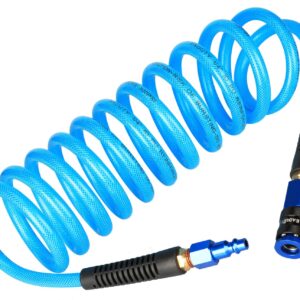 EADUTY Heavy Duty Reinforced Polyurethane Recoil Air Hose 1/4 in x 10 ft, Lightweight, Flexible Compressor Hose with Universal Quick Coupler, Plug and Bend Restrictors, Blue